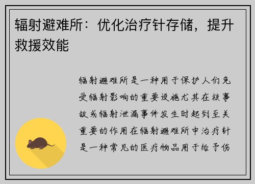 辐射避难所：优化治疗针存储，提升救援效能